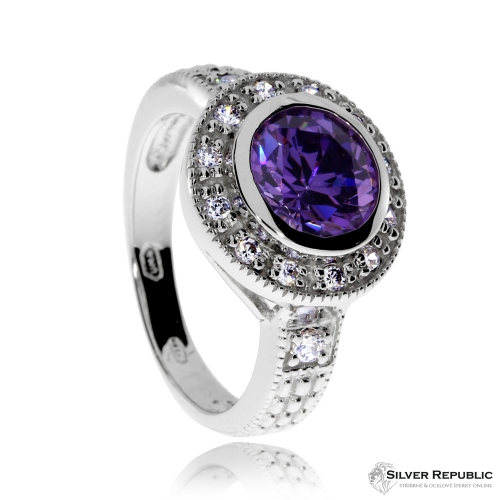 Stříbrný prsten se zirkony (kubická zirkonie) a s rhodiovaným povrchem - fialový