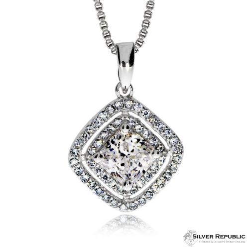 Stříbrný přívěsek se zirkony (cubic zirconia) zaoblený kosočtverec s velkým kamenem 