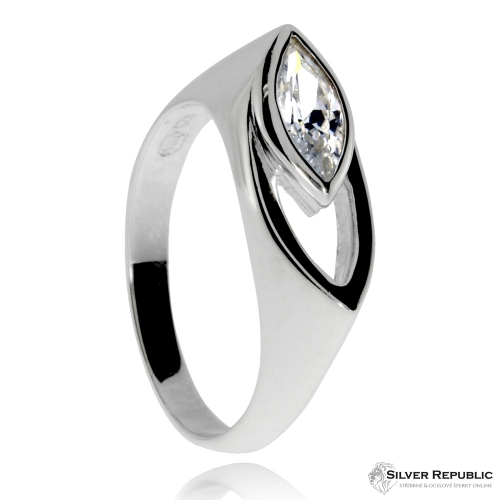 Stříbrný prsten se zirkonem (kubická zirkonie), dva špičaté ovály