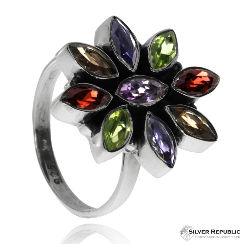 Stříbrný prsten s polodrahokamy - Květ 