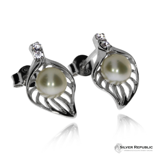 Stříbrná sada šperků s perlami (říční perla) a zirkony (cubic zirconia) - Tvar lístku