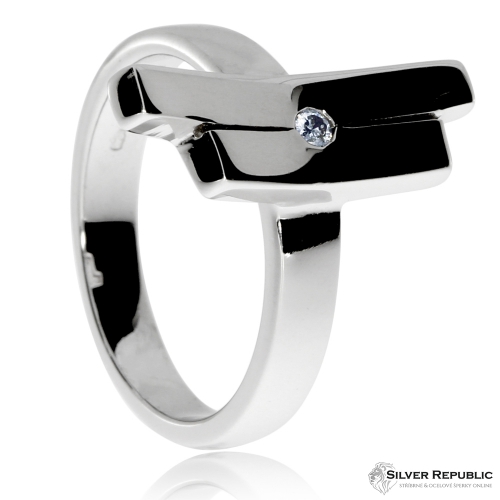 Stříbrný dámský prsten s přírodním diamantem - Dvě prohnuté linie