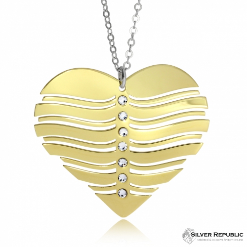 Stříbrný náhrdelník pozlacený - Vlnité srdce s krystaly Swarovski