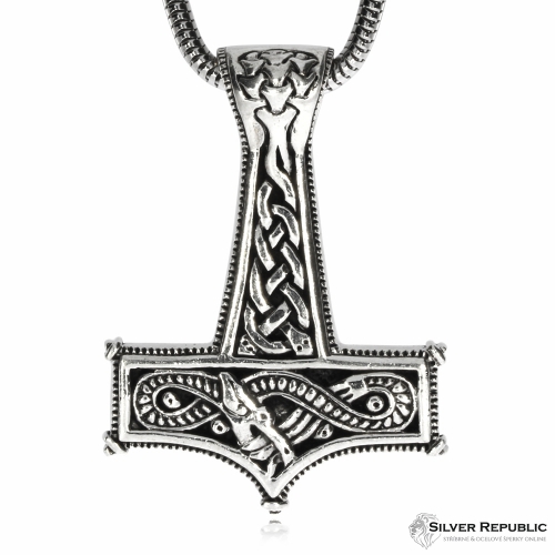 Stříbrný přívěsek - Thorovo kladivo zdobené hadem