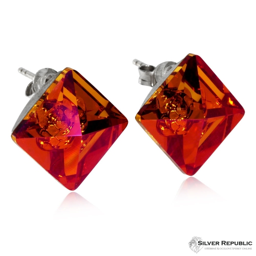 Stříbrné náušnice s Krystaly Swarovski - Oranžovo-červené čtverce