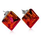 Stříbrné náušnice s Krystaly Swarovski - Oranžovo-červené čtverce