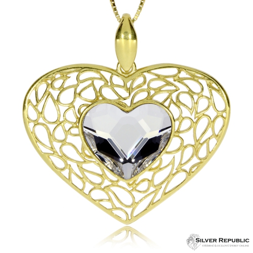 Stříbrný pozlacený  přívěsek ve tvaru srdce s krystalem Swarovski na středu