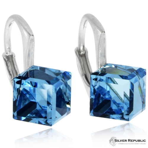 Stříbrné náušnice se Swarovski Elements Aquamarine 6mm - Kostky