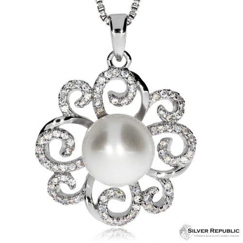 Stříbrný přívěsek se zirkony (kubická zirkonie) a říční perlou  - Spirálky