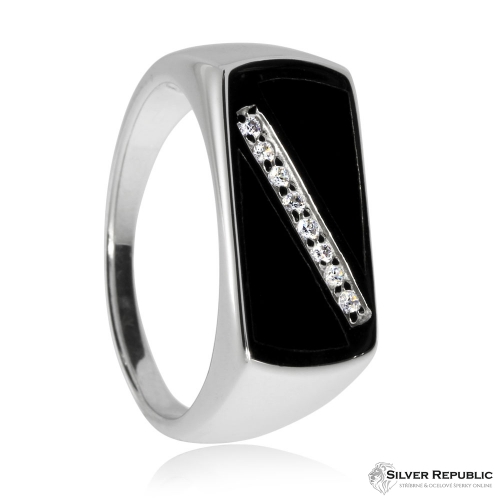 Stříbrný prsten pro muže - Onyx se zirkonem po diagonále (cubic zirconia