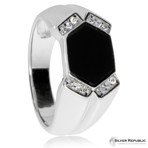 Stříbrný prsten pro muže s černým onyxem - Šestihran