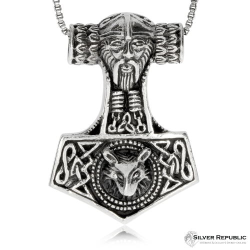 Stříbrný přívěsek - Thorovo kladivo větší zdobené hlavou muže a lišky