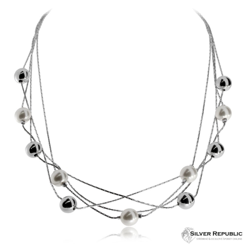 Stříbrný náhrdelník - Čtyři řady řetízků s kuličkami a perlami