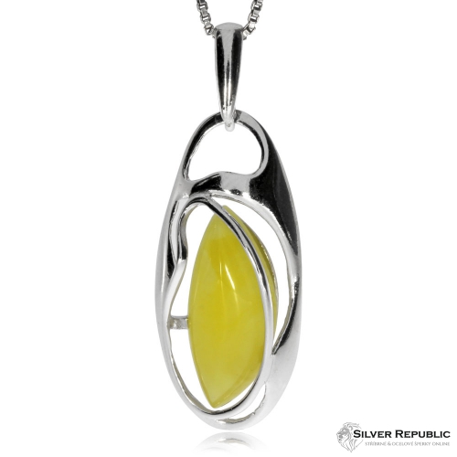 Stříbrný přívěsek - Mléčně žlutý jantar tvaru markýzy