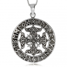 Stříbrný přívěsek - Kruh s runami a křížem 