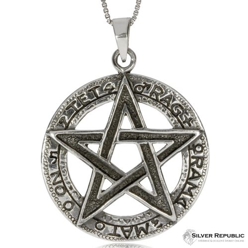 Stříbrný přívěsek - Pentagram s nápisy v kruhu