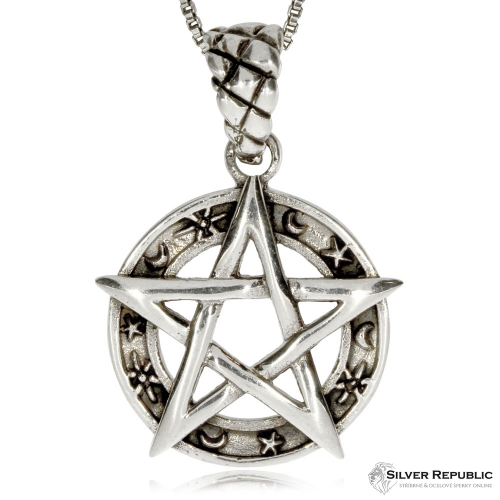 Stříbrný přívěsek - Pentagram na kruhu s nebeskými symboly