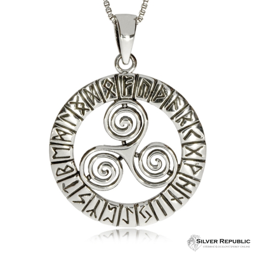 Stříbrný přívěsek - Tři spojené spirály v kruhu s runami