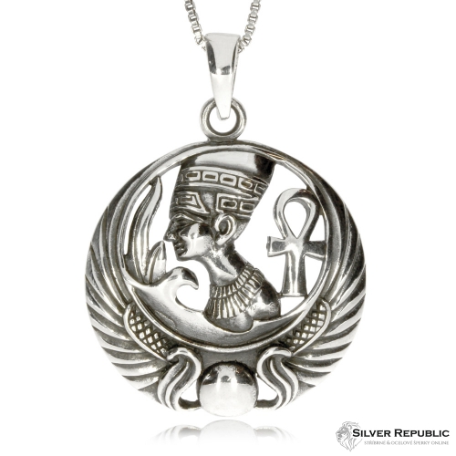 Stříbrný přívěsek - Faraon s egyptskými symboly v kruhu