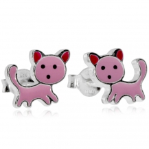 Dětské stříbrné náušnice - Kočička v růžové