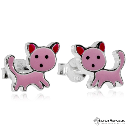 Dětské stříbrné náušnice - Kočička v růžové
