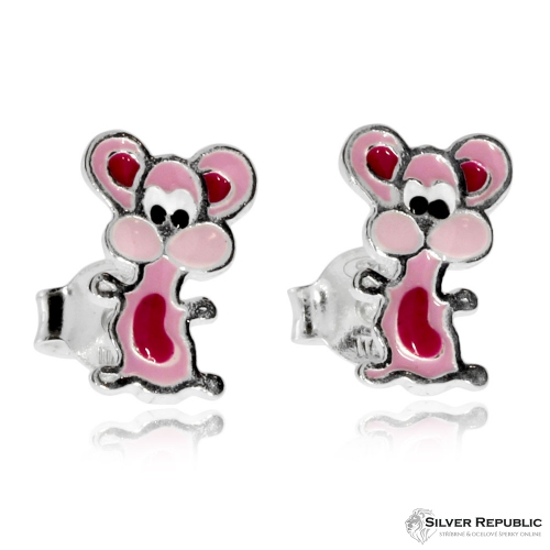 Dětské stříbrné náušnice - Růžové tančící myšky