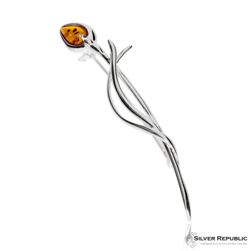 Stříbrná brož s jantarem - Květina
