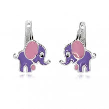 Dětské stříbrné náušnice - Fialoví sloni s růžovýma ušima