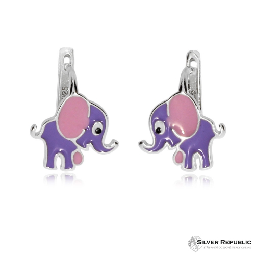 Dětské stříbrné náušnice - Fialoví sloni s růžovýma ušima