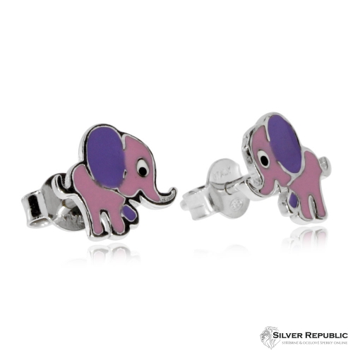 Dětské stříbrné náušnice - Malí sloni s fialovýma ušima