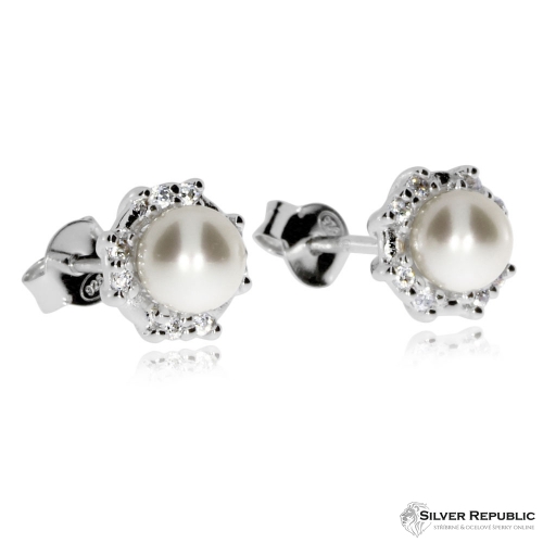 Stříbrné náušnice pecky - Přírodní perla s kubickými zirkony