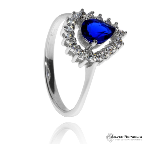 Stříbrný prsten se zirkony (cubic zirconia) rhodiovaný - modrá kapka \n